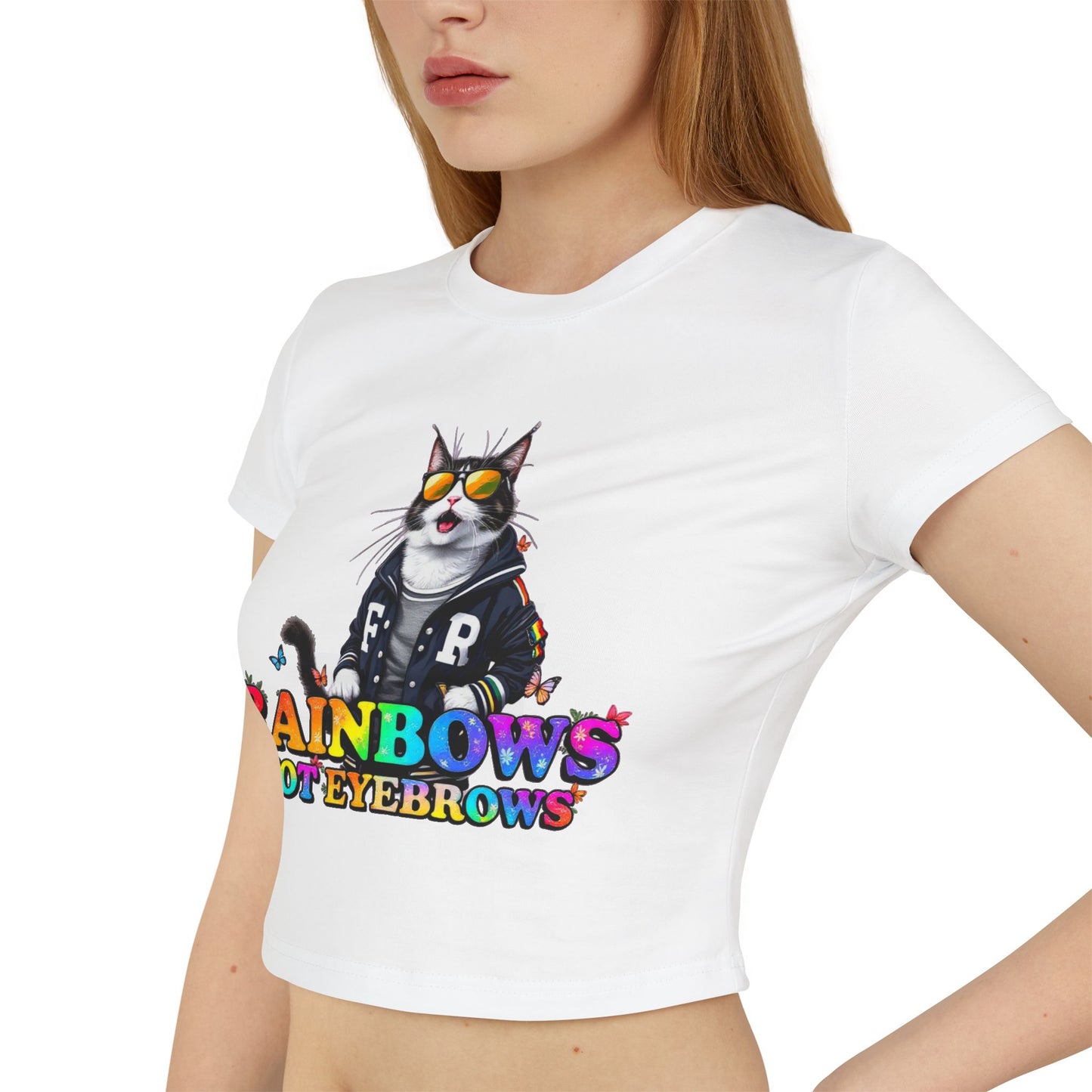Rainbow Cat Women's Baby Tee - Fun & Playful Graphic T-Shirt