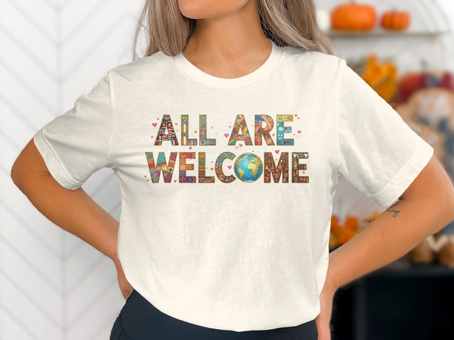 All Are Welcome Colorful Design Graphic Shirt