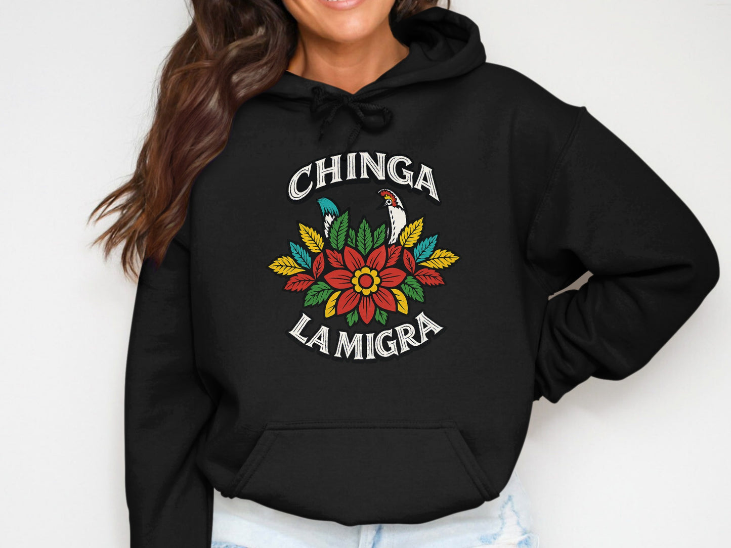 Chinga La Migra Hoodie with Floral Design product type