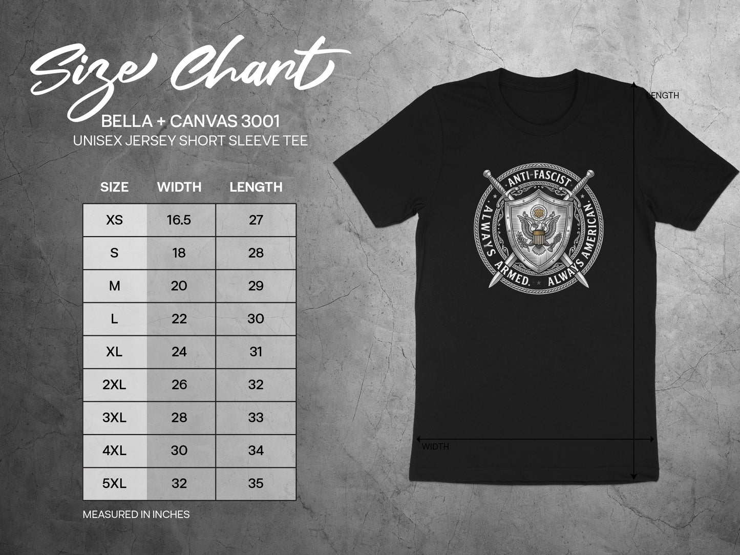 Bella + Canvas 3001 unisex t-shirt size chart with measurements.