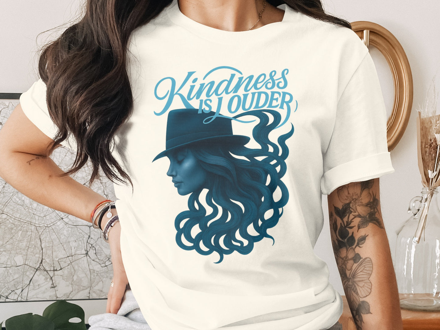 Kindness is Louder Blue Hat Woman Graphic Tee
