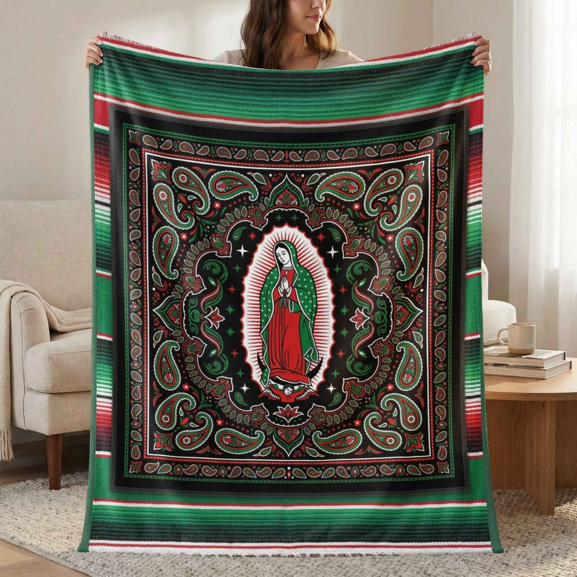 Our Lady Guadalupe Serape Blanket, Virgin Mary Chicano Art, Mexican Blanket Paisley Bandana Design, Catholic Prayer Altar Blankets