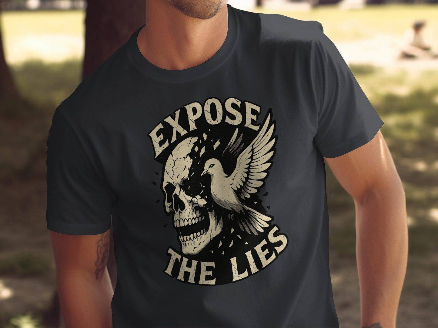 Expose The Lies Graphic Skull and Bird Design Shirt