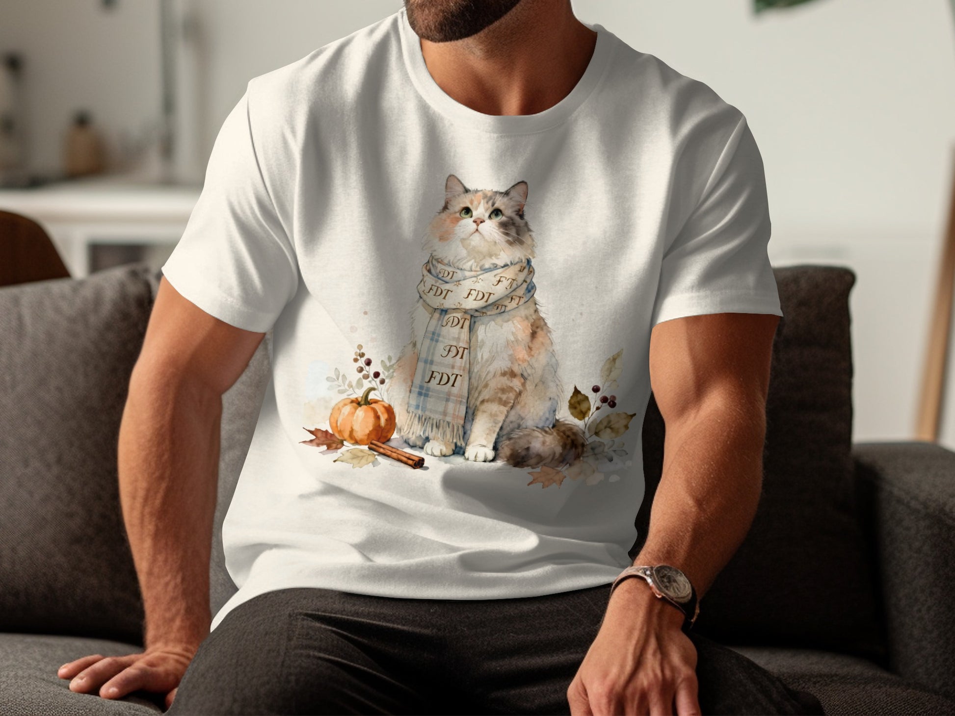 Stylish Autumn Cat with Scarf Design T-shirt