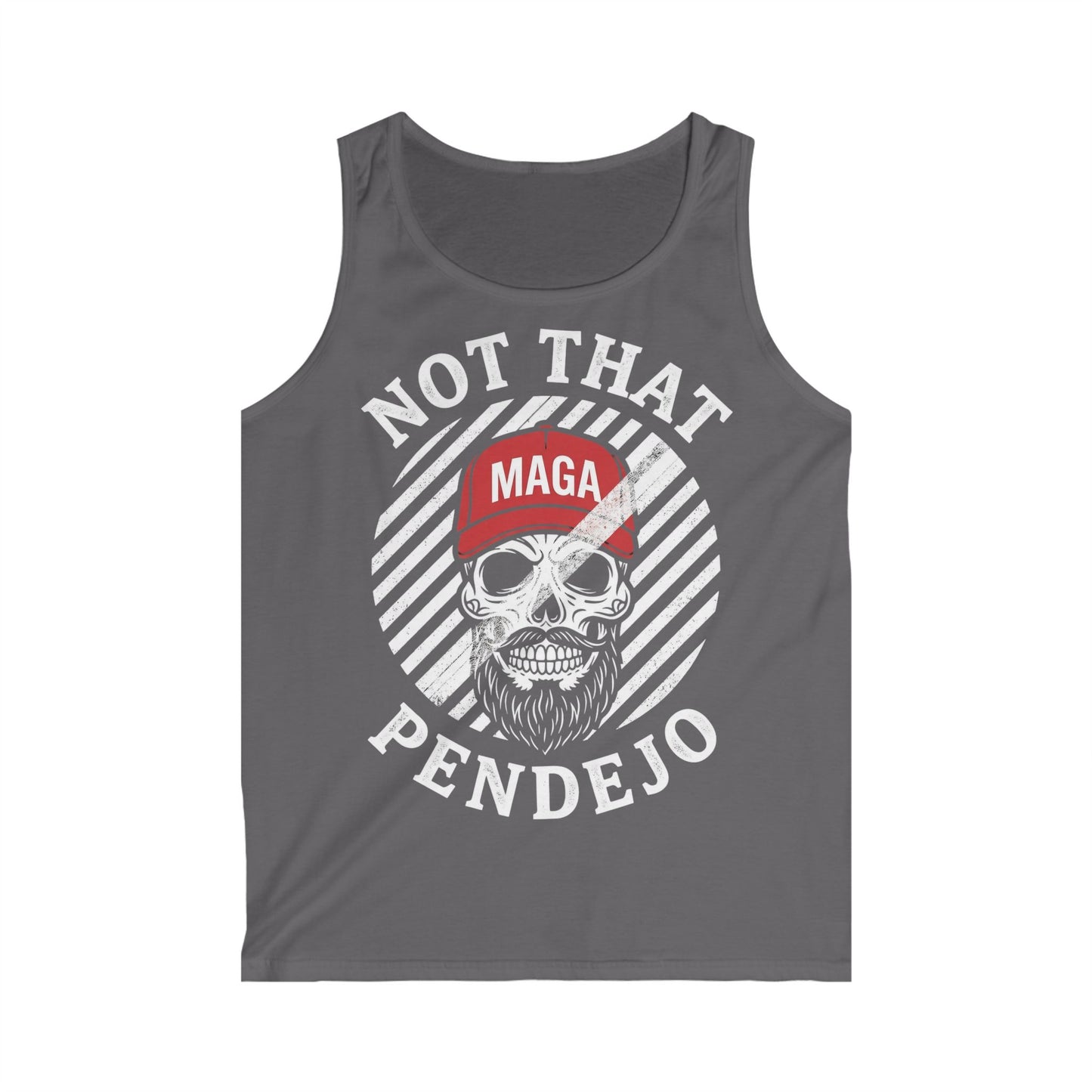 Dark gray tank top with skull wearing red hat, text reads "NOT THAT MAGA PENDEJO".
