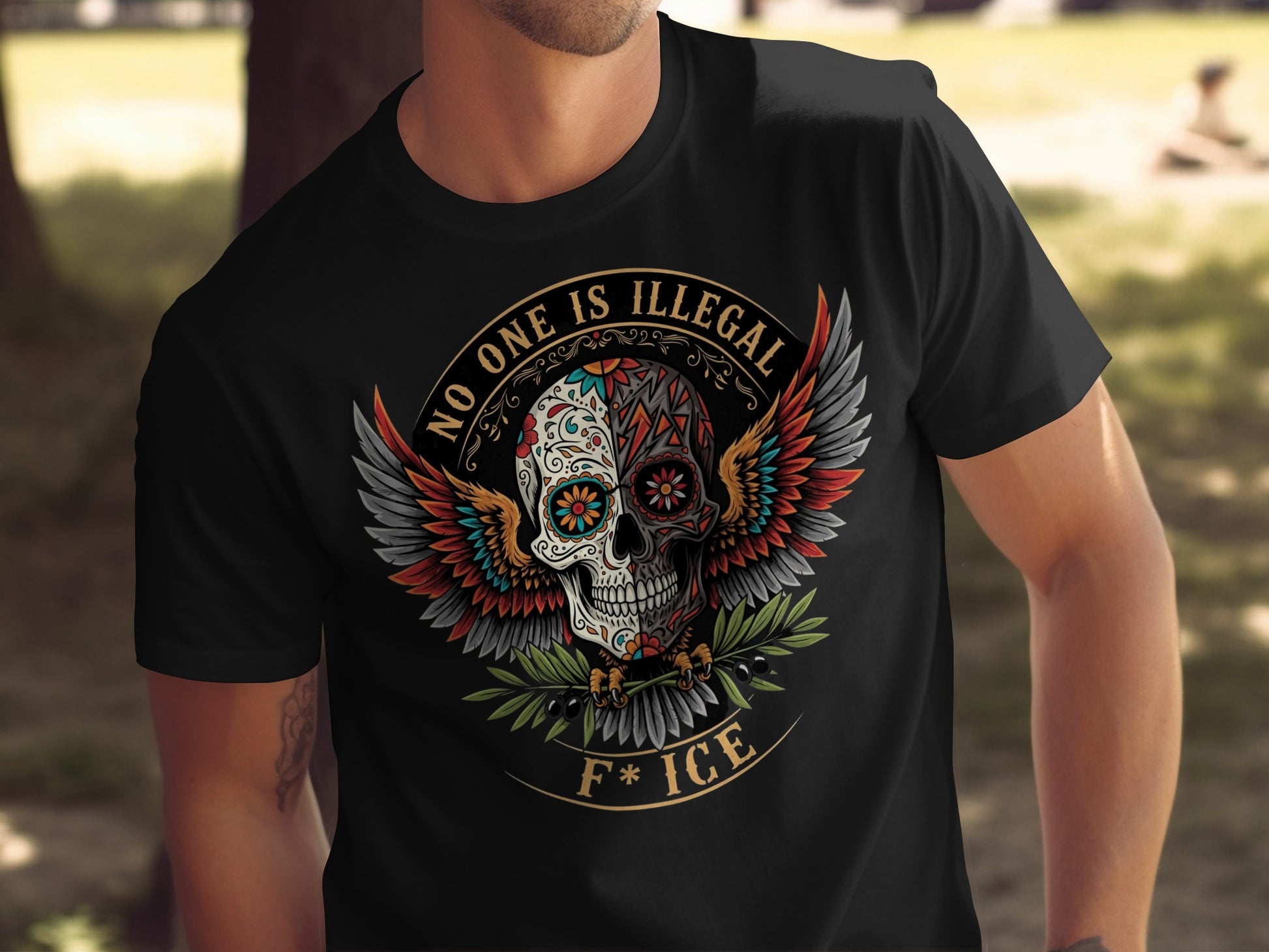 No One Is Illegal Skull Art Anti ICE T-shirt product