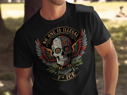 No One Is Illegal Skull Art Anti ICE T-shirt product
