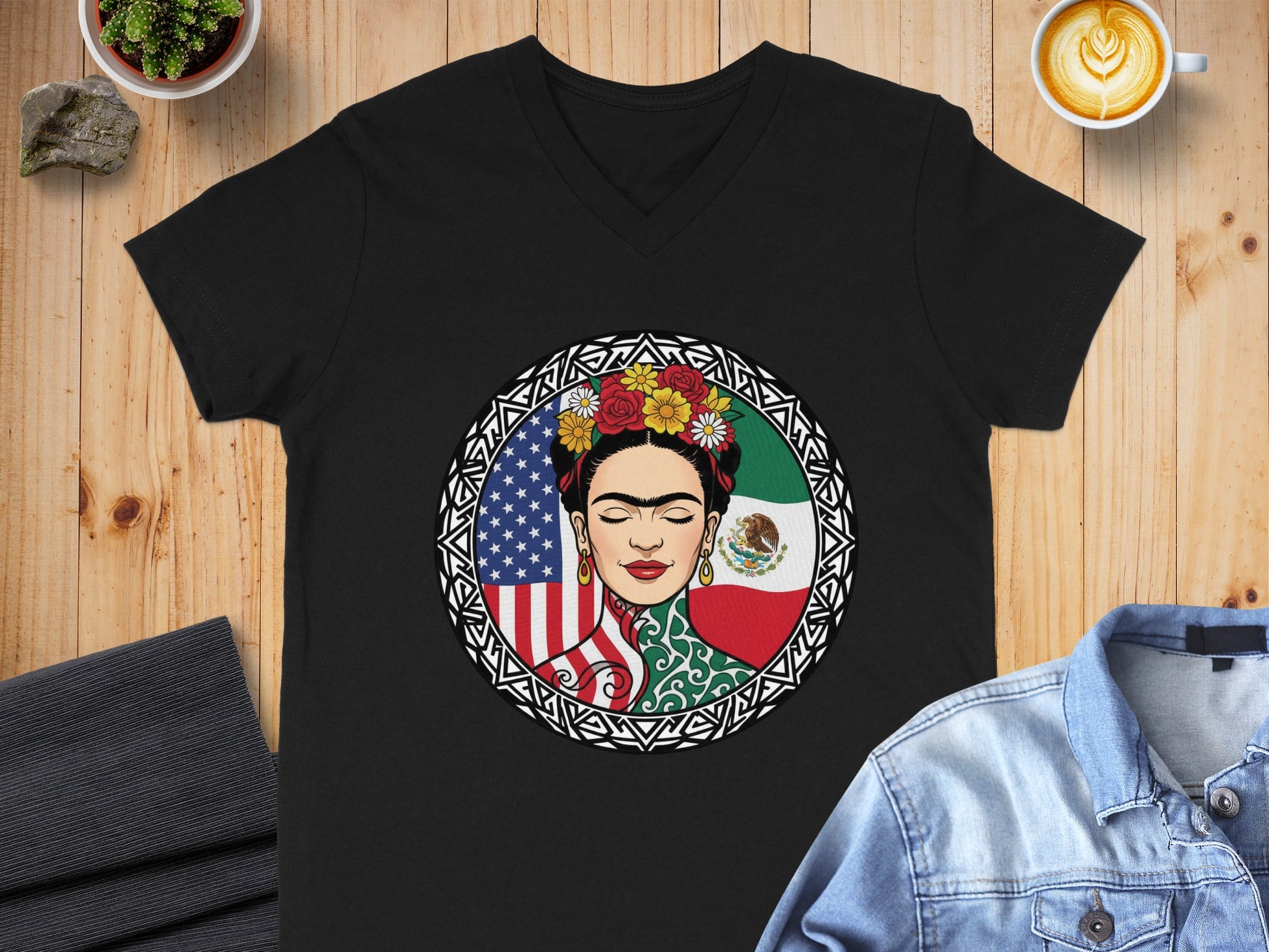 Frida Kahlo USA Mexico Flag V-Neck T-Shirt product