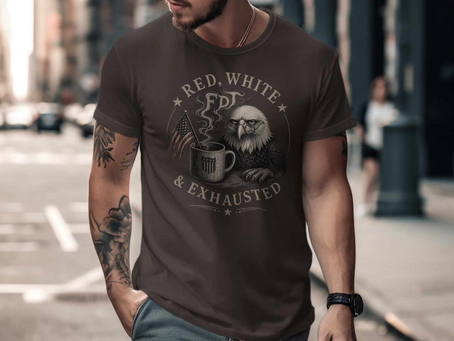Brown t-shirt with eagle, coffee cup, and "Red, White & Exhausted" text.