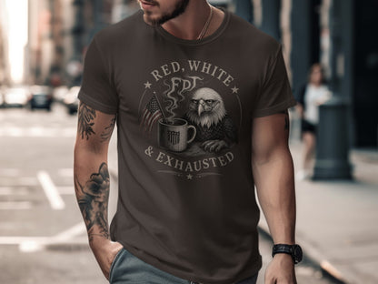 Brown t-shirt with eagle, coffee cup, and "Red, White & Exhausted" text.
