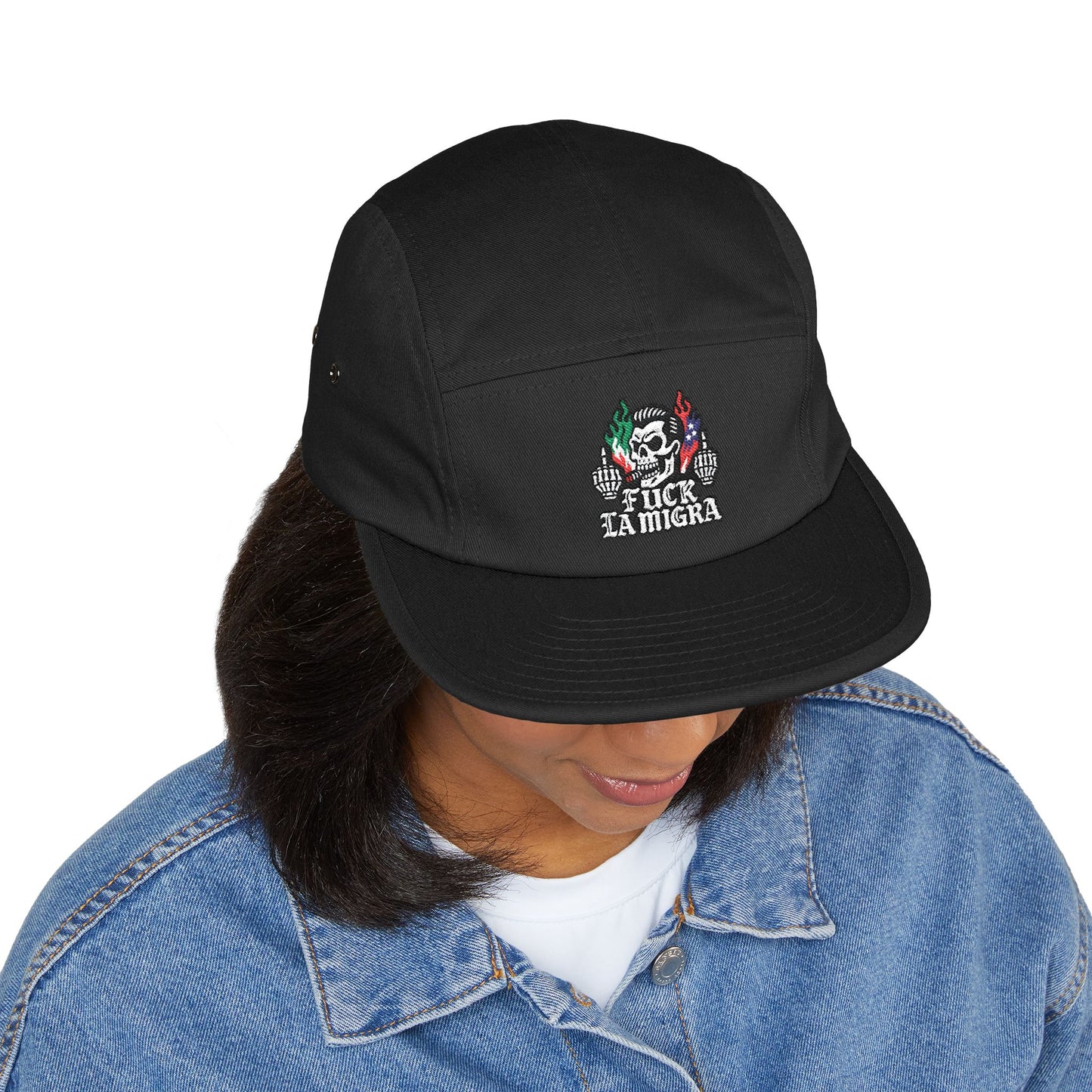Fuck La Migra Hat Embroidered 5-Panel Cap — Skull with Mexican Flag Accent (Explicit Text)