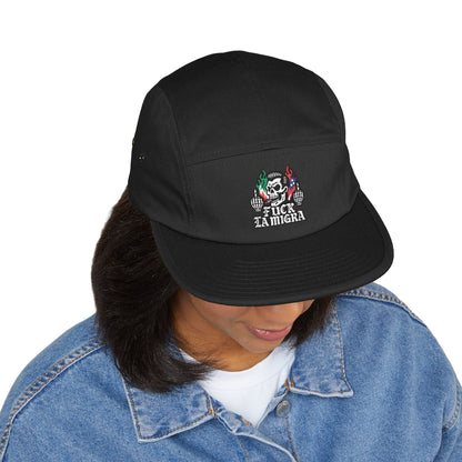Fuck La Migra Hat Embroidered 5-Panel Cap — Skull with Mexican Flag Accent (Explicit Text)