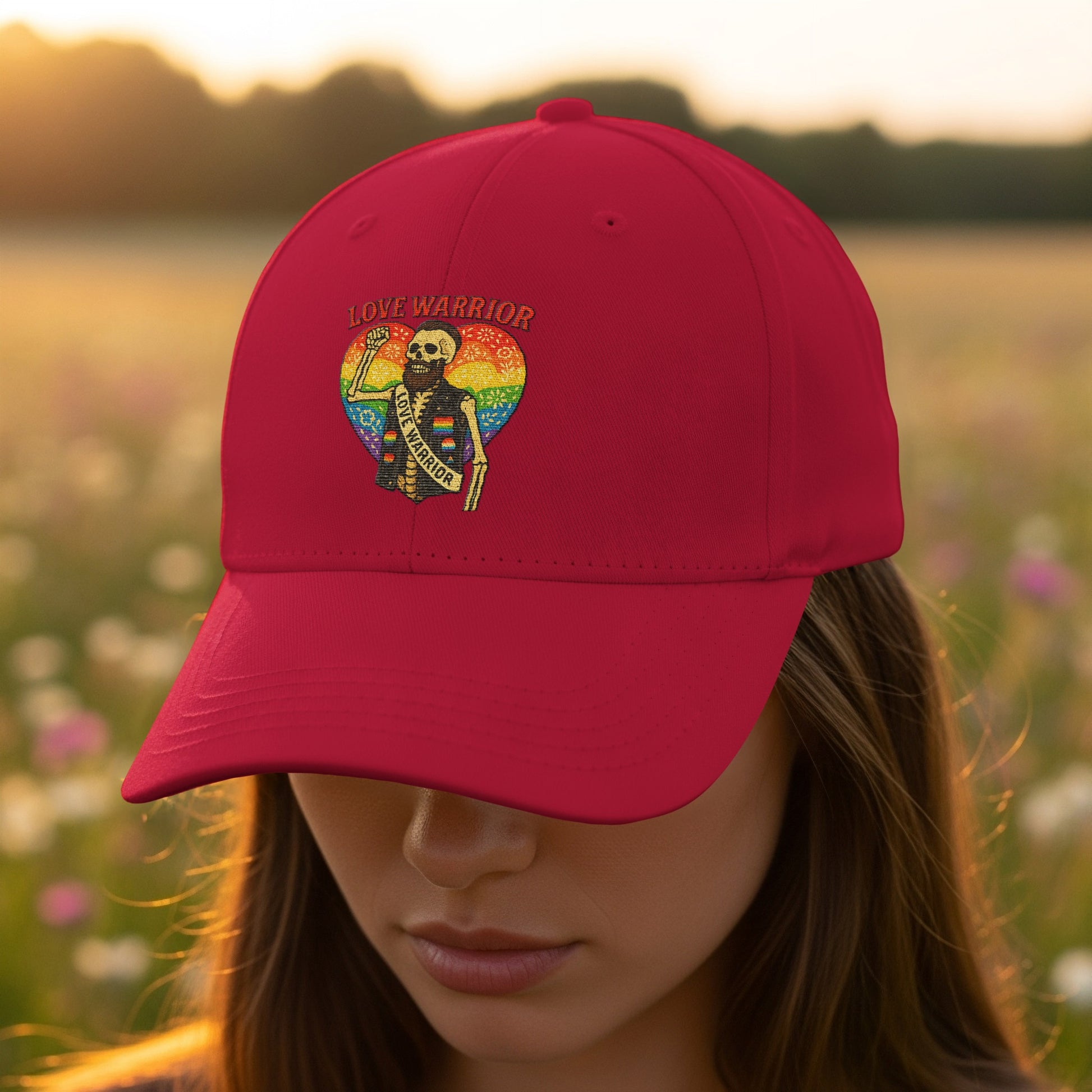 Love Warrior Embroidered Design on Red Hat product