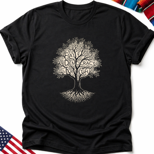 Black t-shirt with a tree design featuring "Faith Democracy Truth" in its branches.