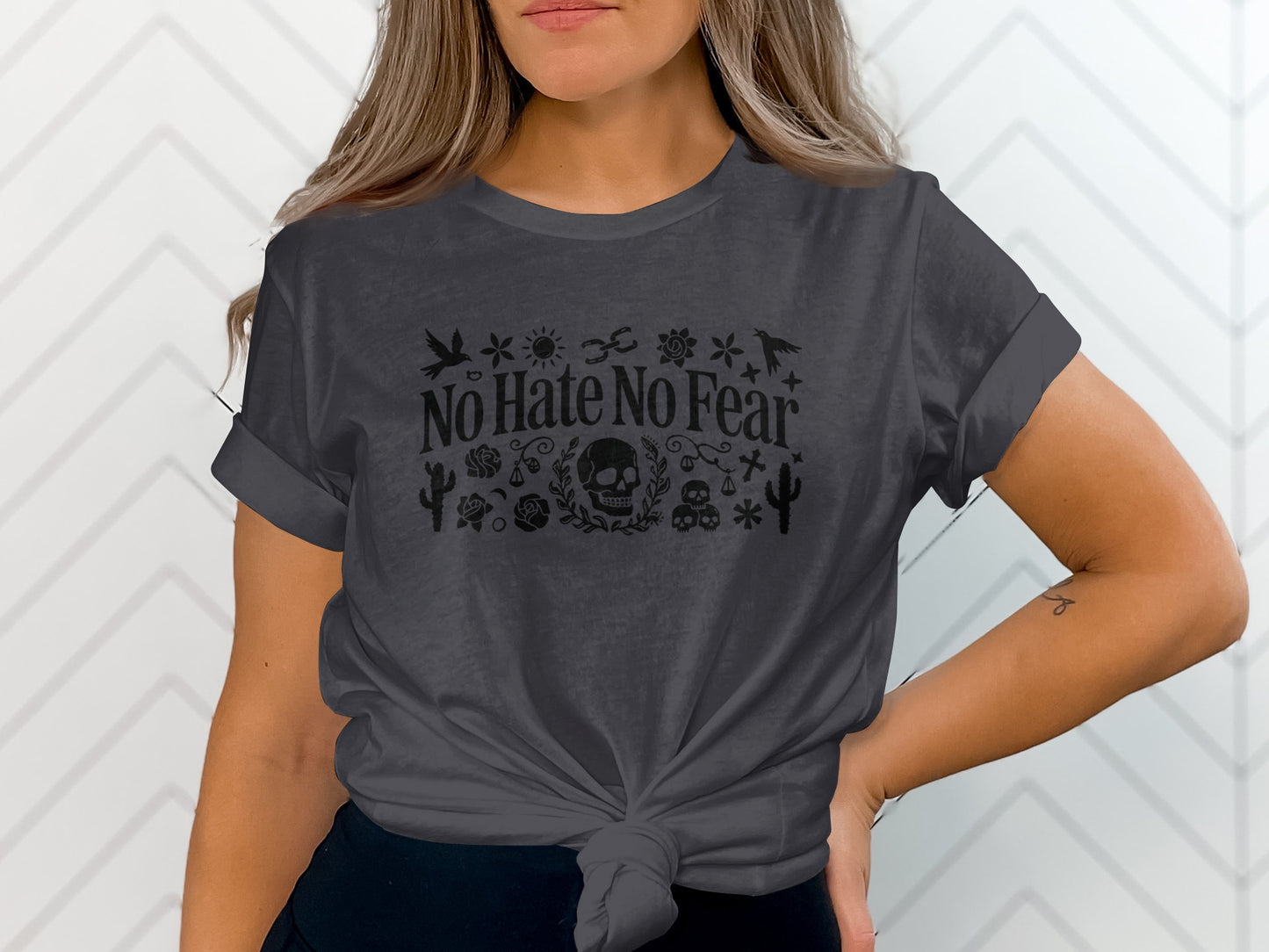 No Hate No Fear Graphic Tee with Skulls and Cactus Design