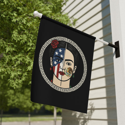 Cultural Face Split Design on Black Flag