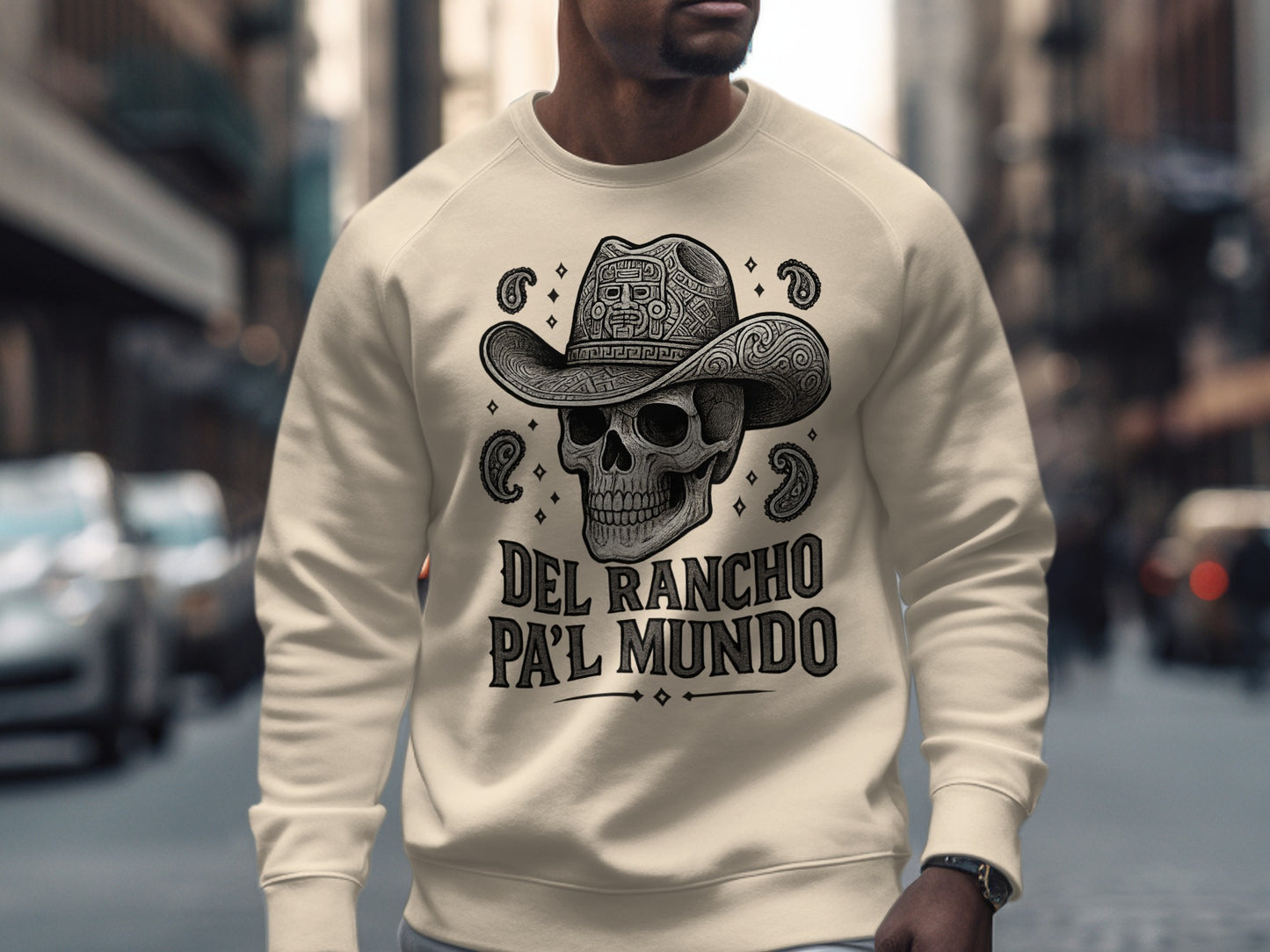 Del Rancho Pal Mundo Skull Cowboy Sweatshirt