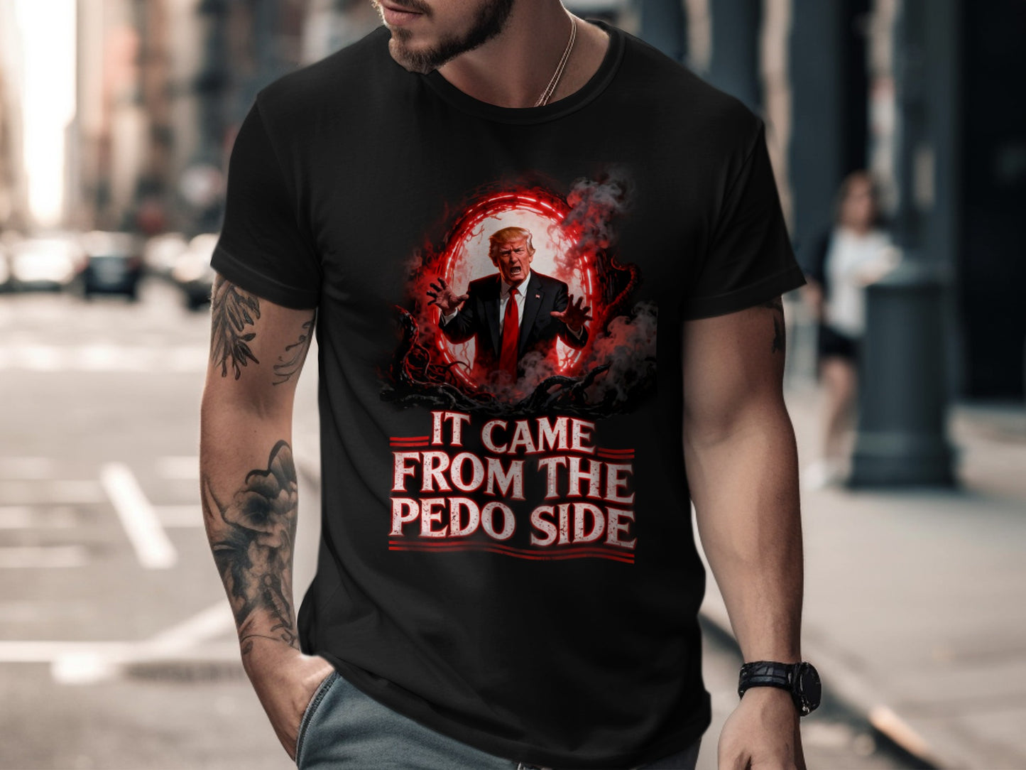 Black t-shirt with "IT CAME FROM THE PEDO SIDE" text and fiery Trump graphic.