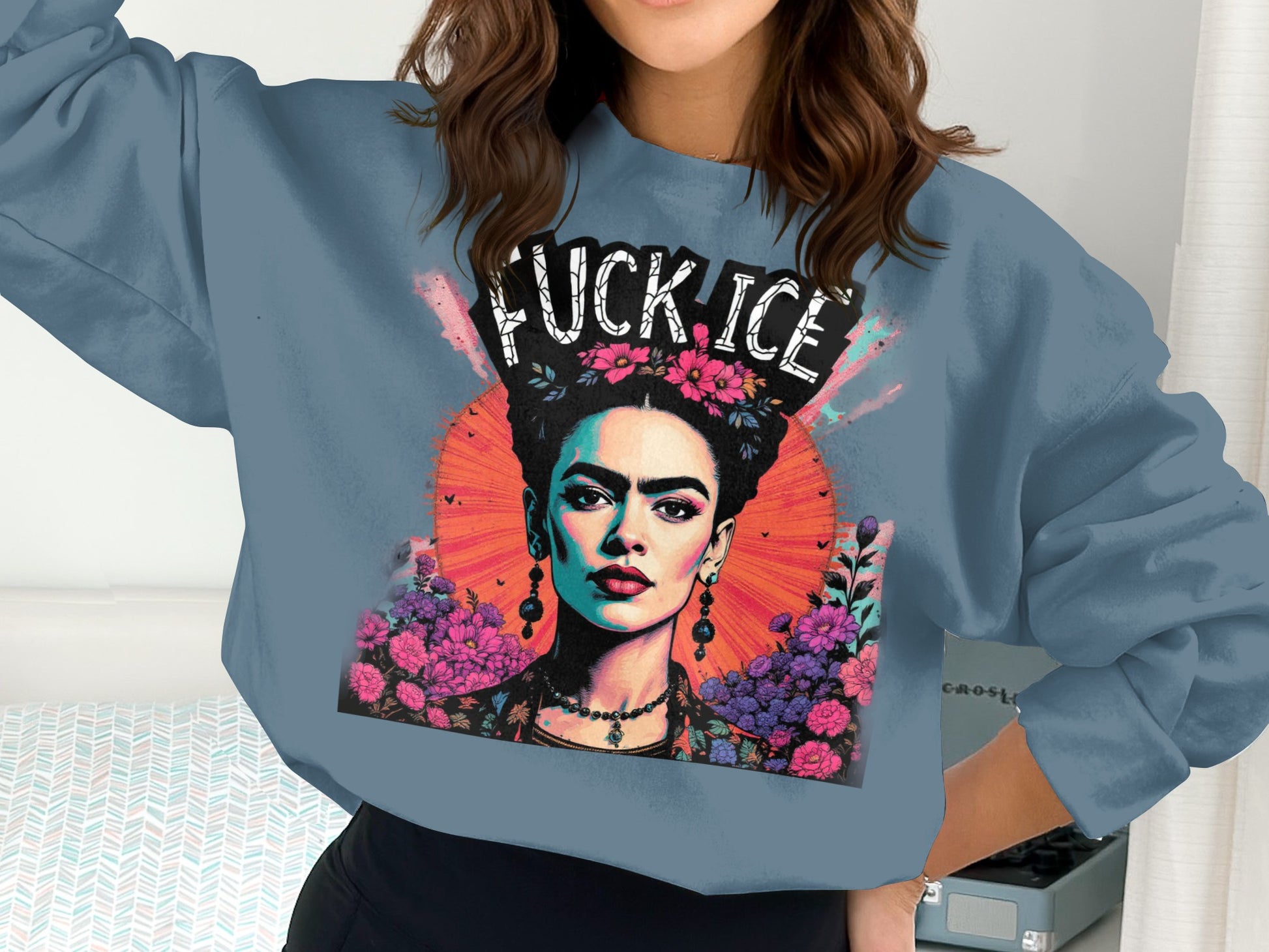 Artistic Portrait of Iconic Woman on Blue Clothing