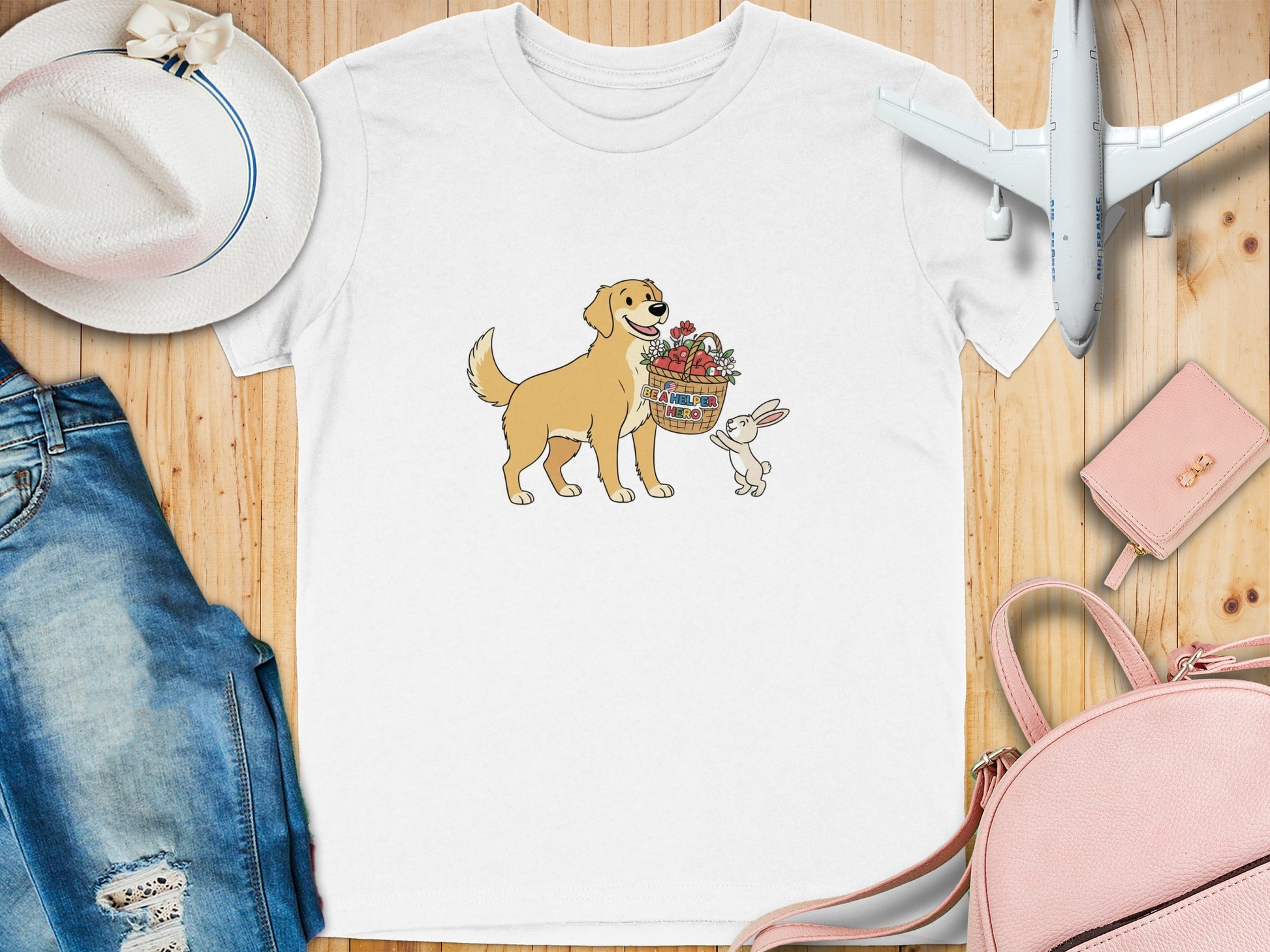 Golden Retriever and Rabbit with Basket T-shirt