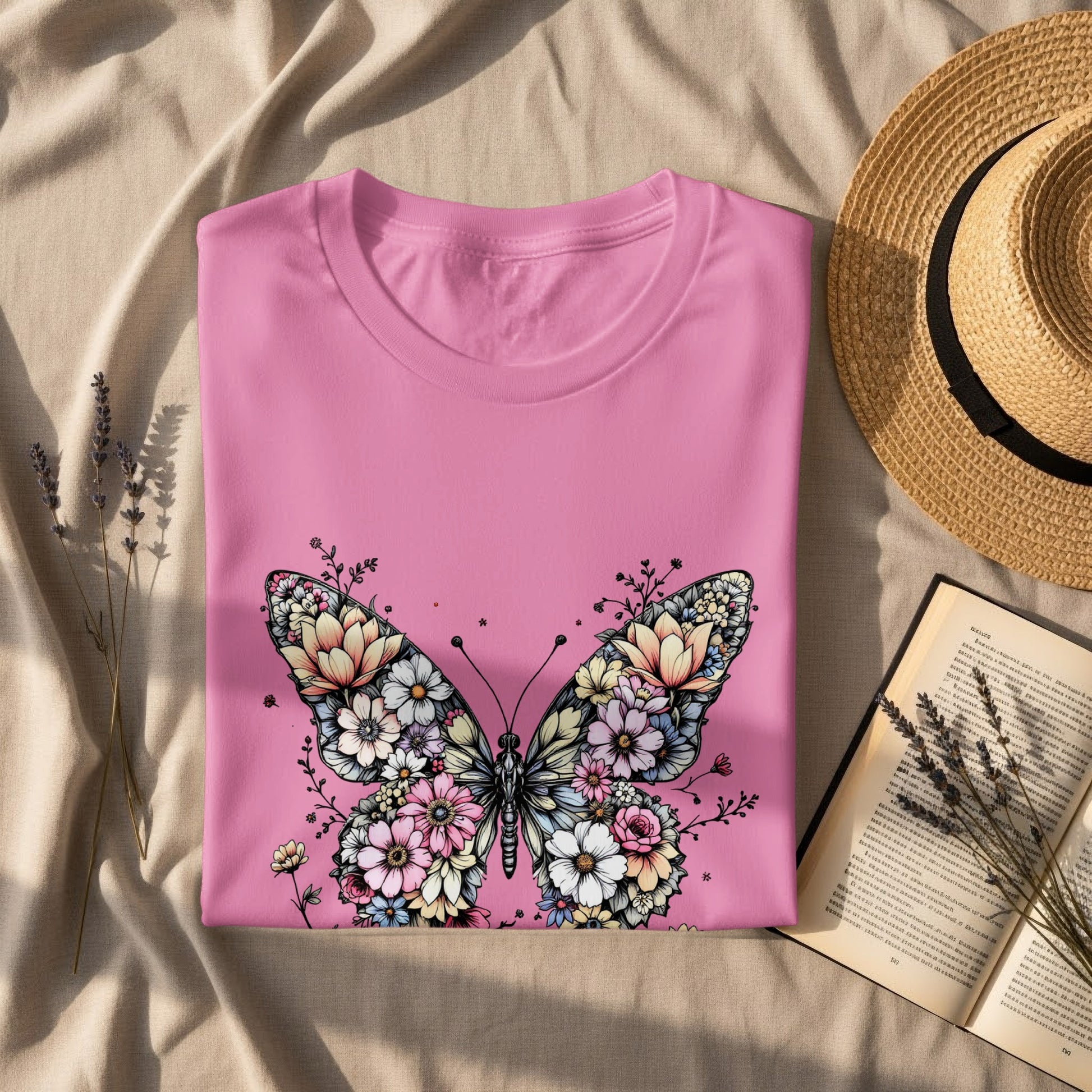 Vibrant Floral Butterfly Design Pink Short Sleeve Shirt