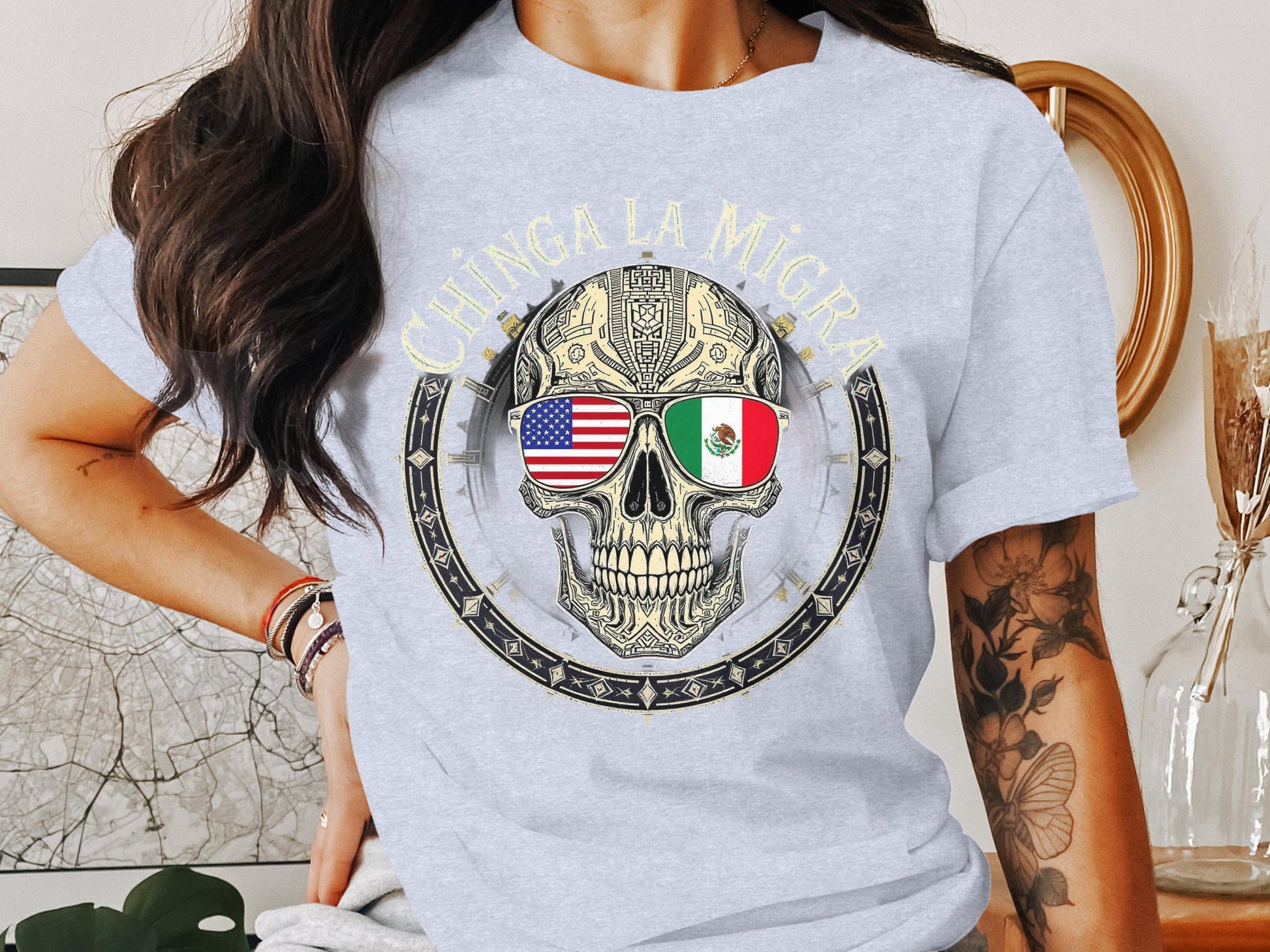 Chinga La Migra Skull Design Graphic T-Shirt product type