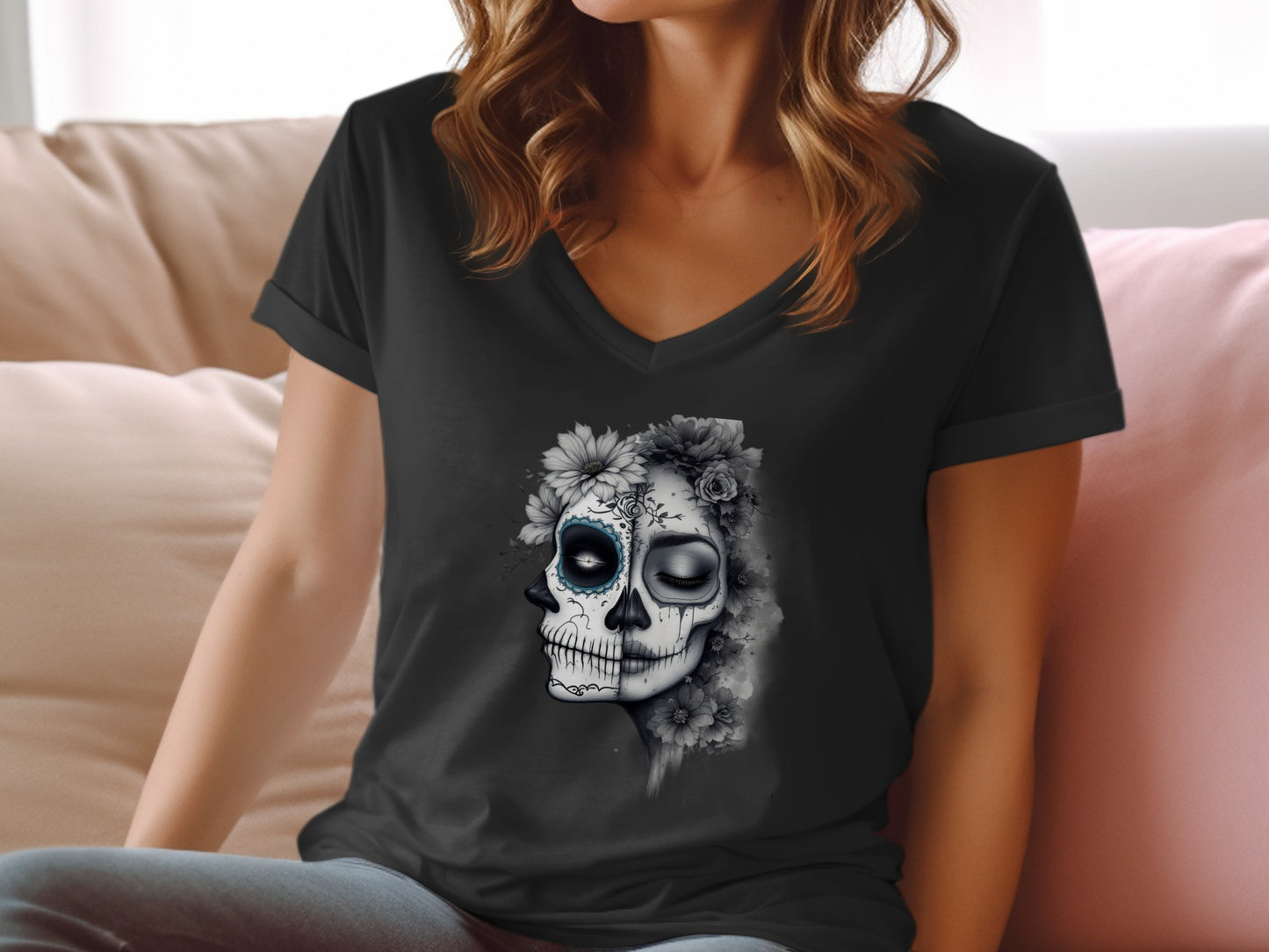 Floral Half Skull Graphic Black T-shirt product type