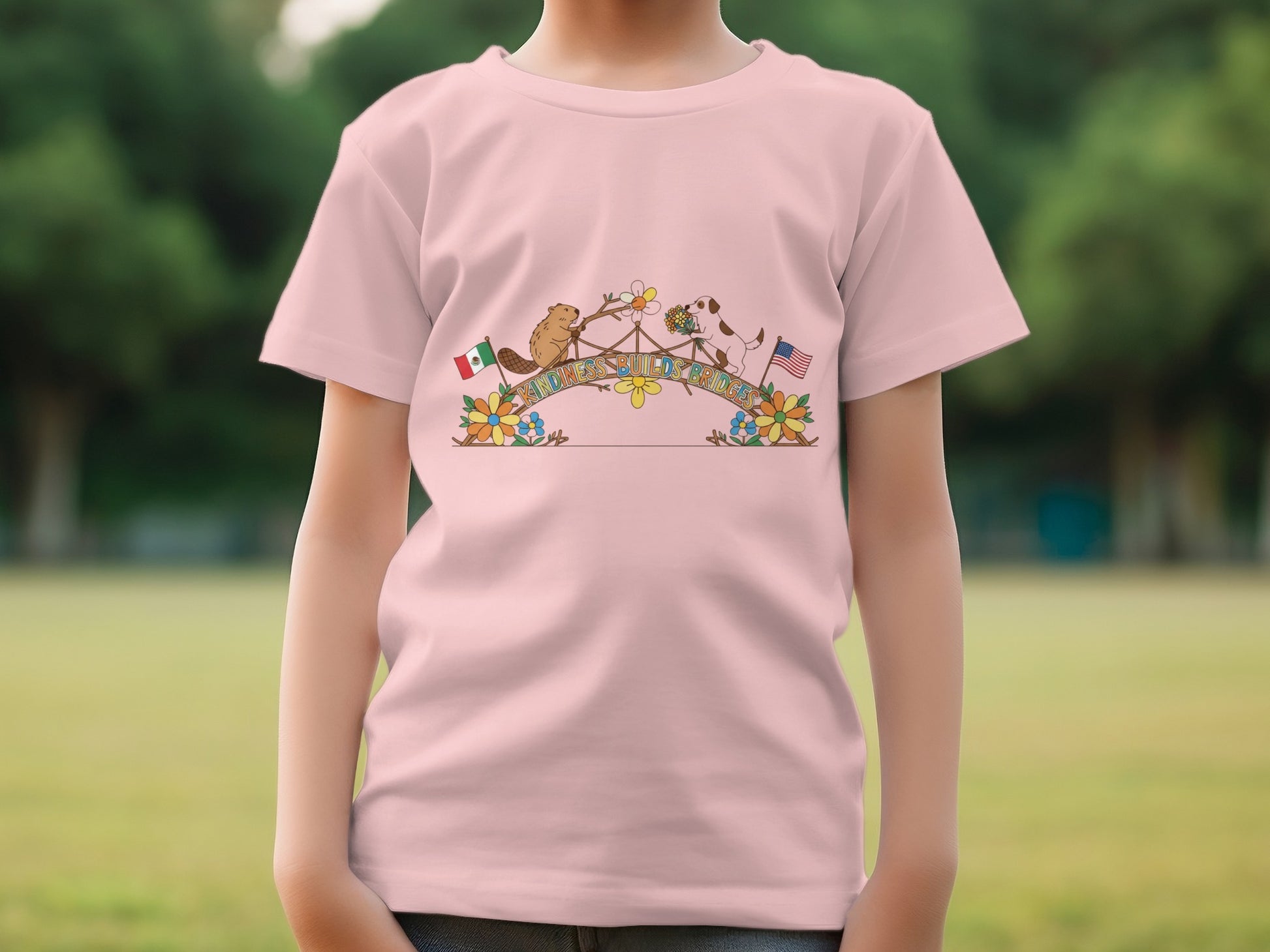Cute Animal Flags Bridge Design on Pink T-shirt