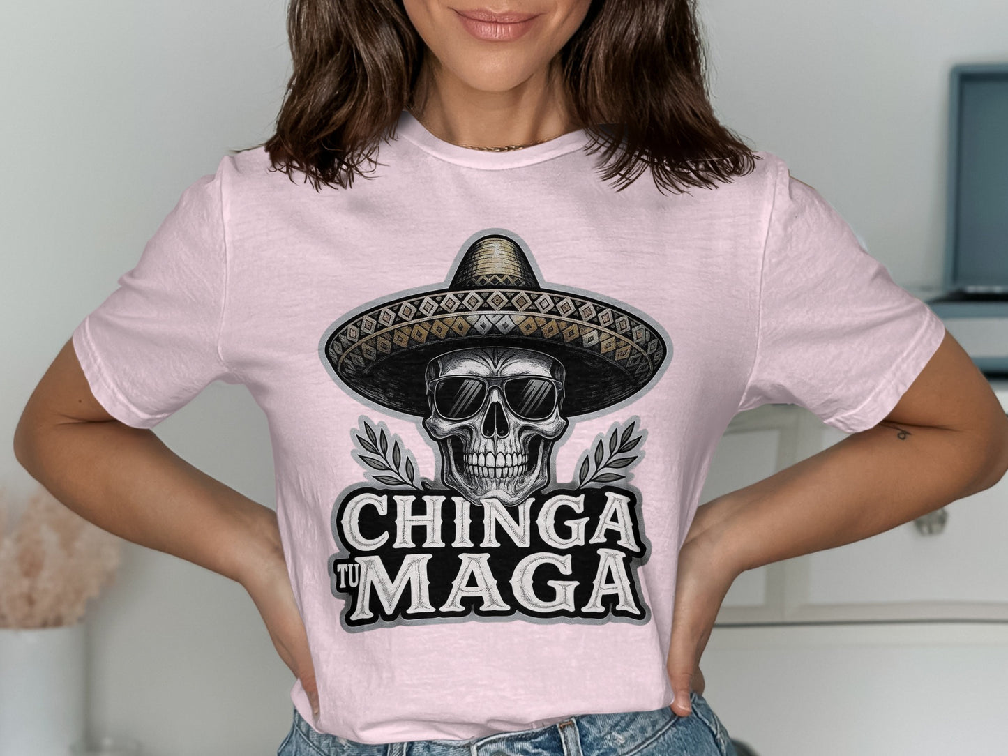 Chinga Tu Maga Skull Sombrero Graphic Tee Shirt product type