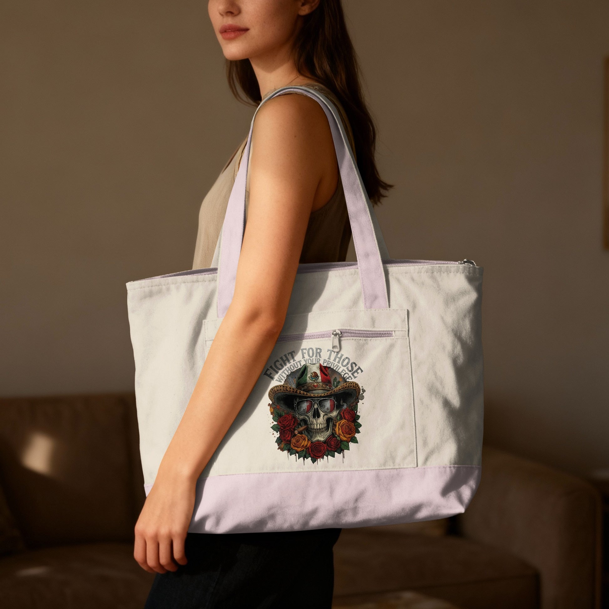 Canvas tote bag with skull, roses, and "Fight for those without voice" text.