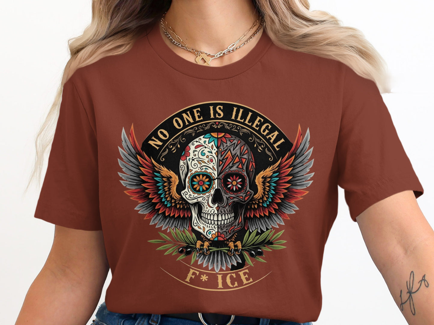 No One Is Illegal F* ICE Graphic Skull Shirt product