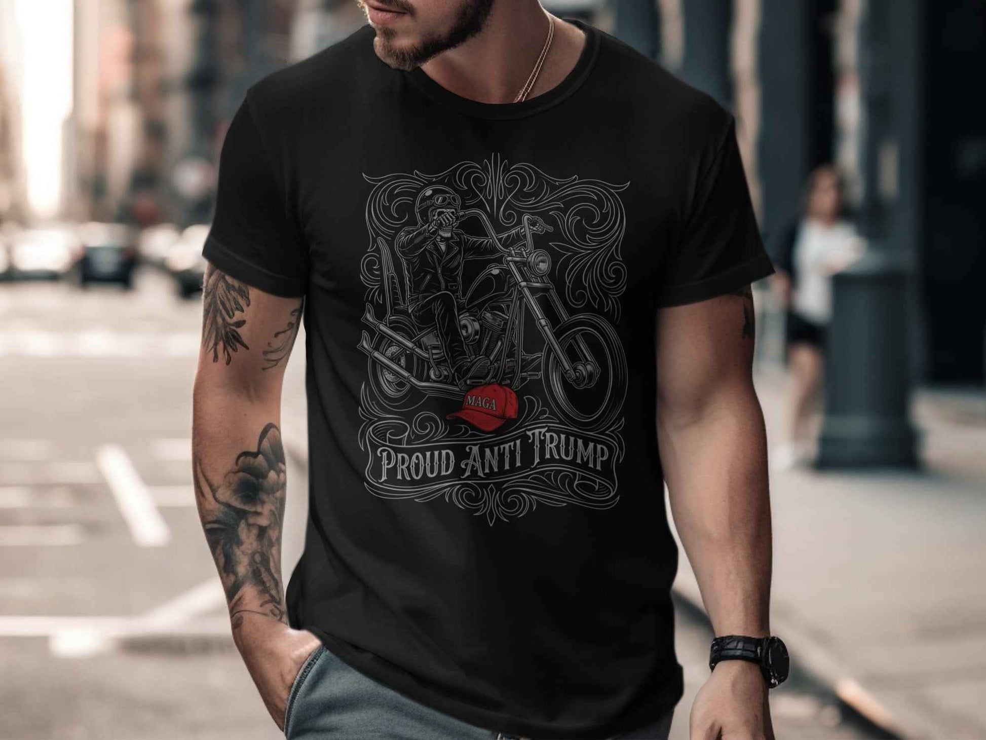 Proud Anti Trump T-Shirts, Skeleton Biker, MAGA Hat Statement, Motorcycle Rider, Political Protest, Unique Graphic T-Shirts