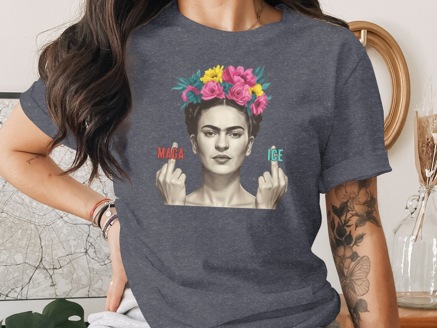 Frida Kahlo Portrait Graphic Tee with Colorful Flowers