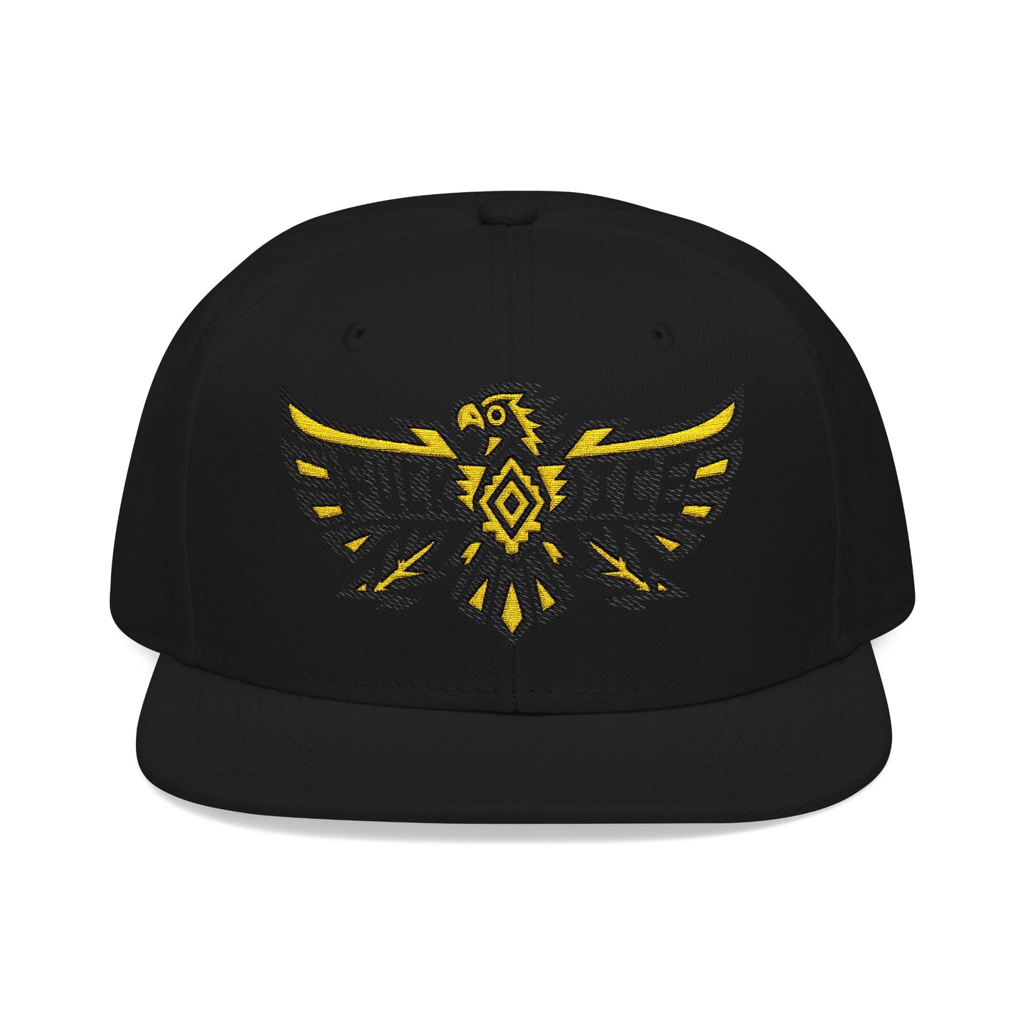 Black snapback hat with embroidered yellow eagle graphic and geometric pattern.