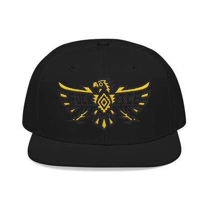 Black snapback hat with embroidered yellow eagle graphic and geometric pattern.