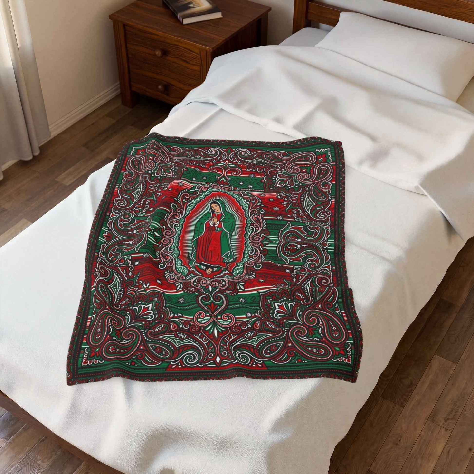 Our Lady of Guadalupe Blankets, Vibrant Red Green Paisley Design, Virgen De Guadalupe Folk Art, Mexican Inspired Throw, Sacred Blankets