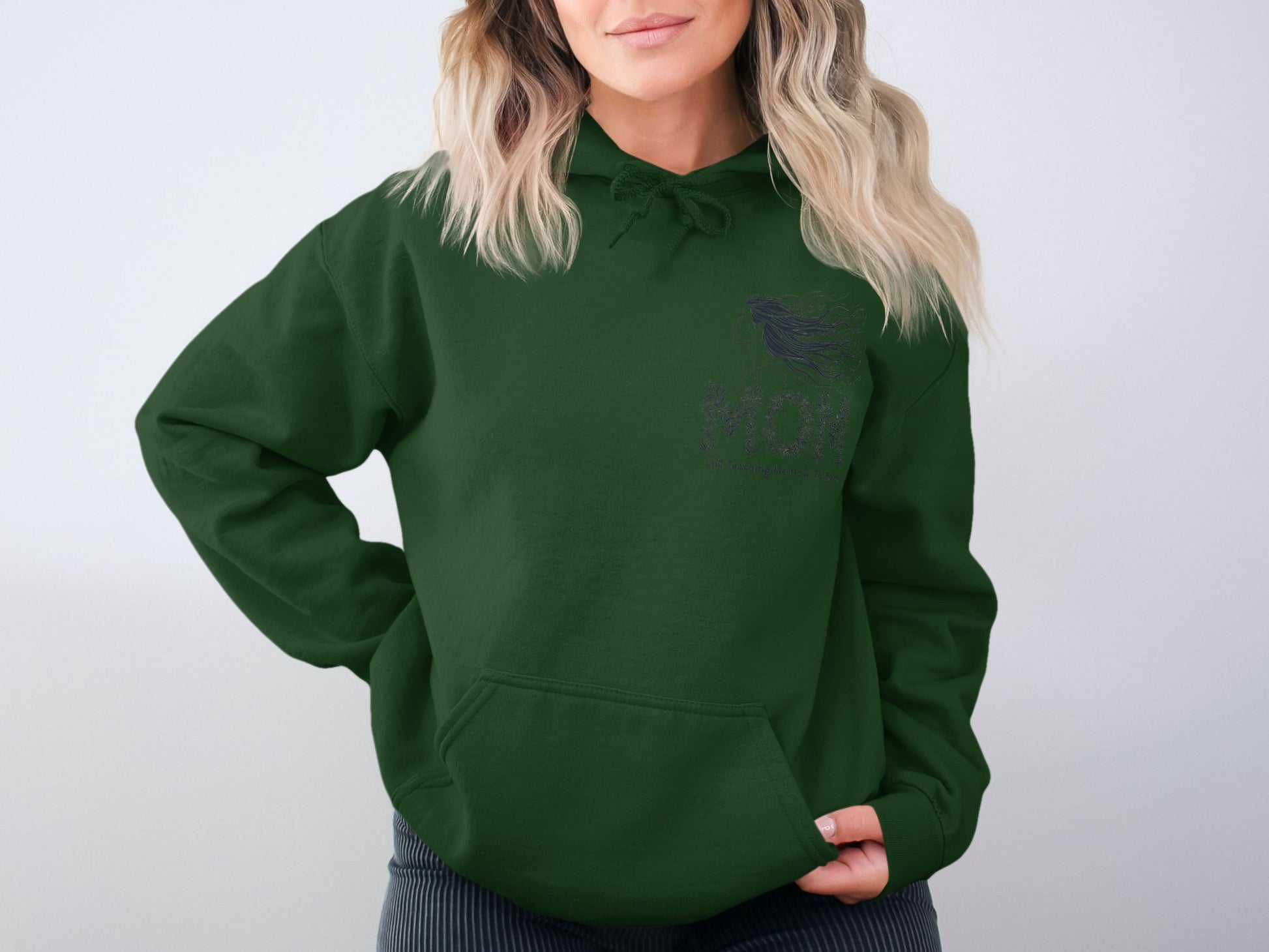 Cozy Green Hoodie with Subtle Mom Design product type