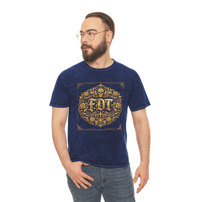 Anti Trump FDT Mineral Wash Tee USA Made  — Vintage Gold Fleur-de-Lis Crest "FDT" Graphic