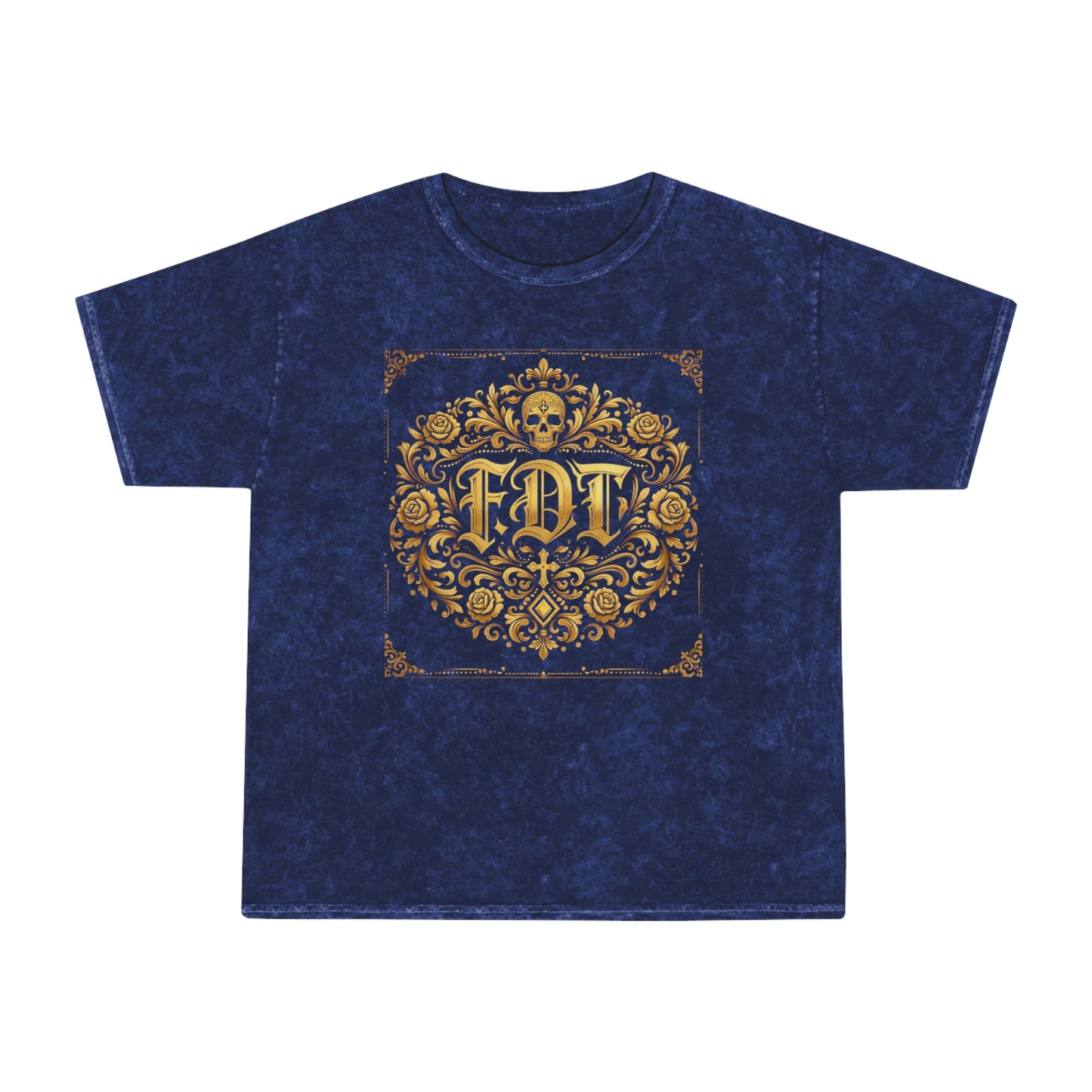 Anti Trump FDT Mineral Wash Tee USA Made  — Vintage Gold Fleur-de-Lis Crest "FDT" Graphic