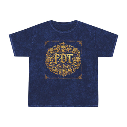 Anti Trump FDT Mineral Wash Tee USA Made  — Vintage Gold Fleur-de-Lis Crest "FDT" Graphic