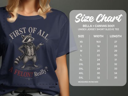 T-shirt size chart with a raccoon illustration and text.