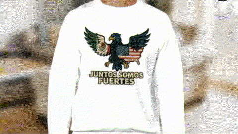 A person wearing a white sweatshirt with an embroidered eagle and the text "JUNTOS SOMOS FUERTES" printed on it.