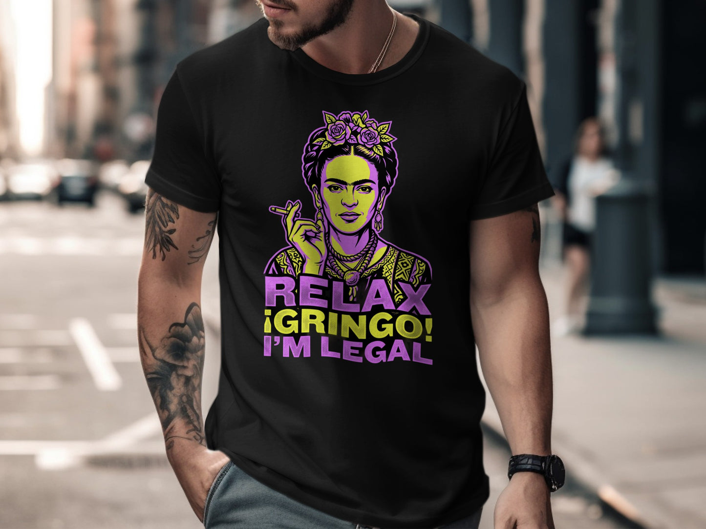 Black t-shirt with Frida Kahlo portrait and "RELAX ¡GRINGO! I'M LEGAL" text.