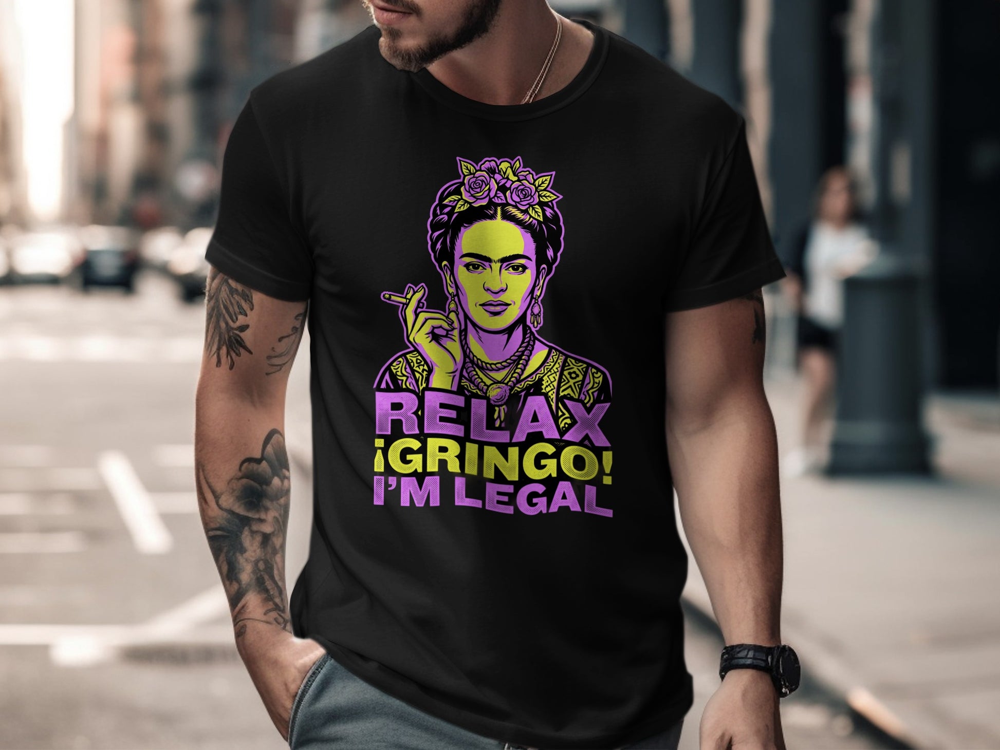 Black t-shirt with Frida Kahlo portrait and "RELAX ¡GRINGO! I'M LEGAL" text.