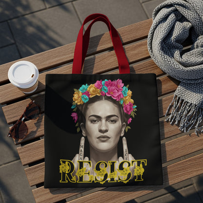 Frida Kahlo graphic on black tote bag with "MAGA RESIST" text.