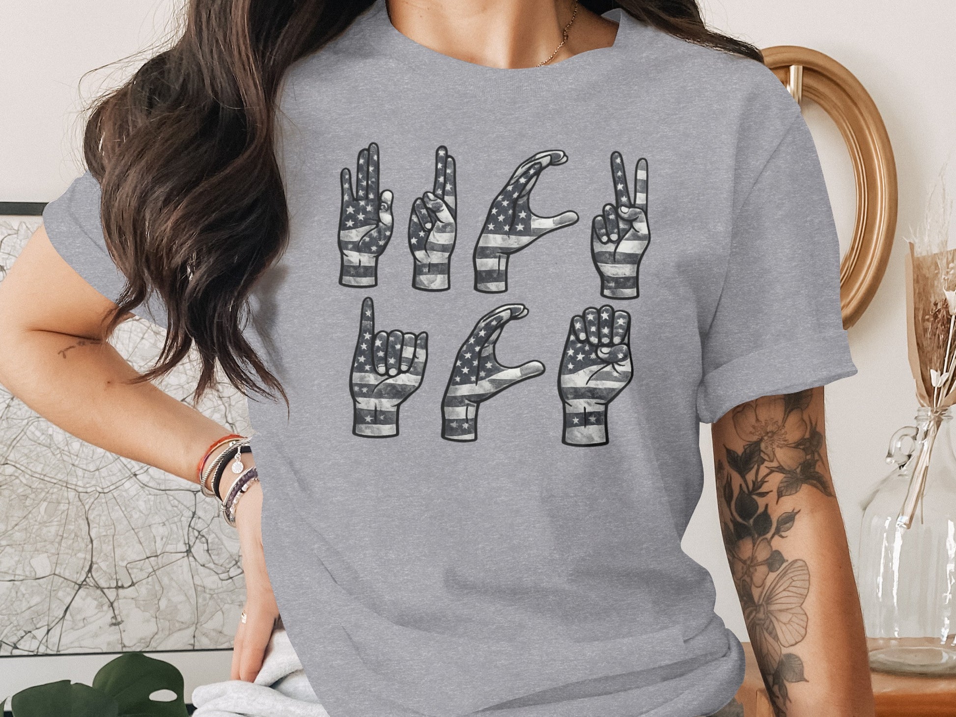 American Flag Hand Signs Graphic Tee Shirt