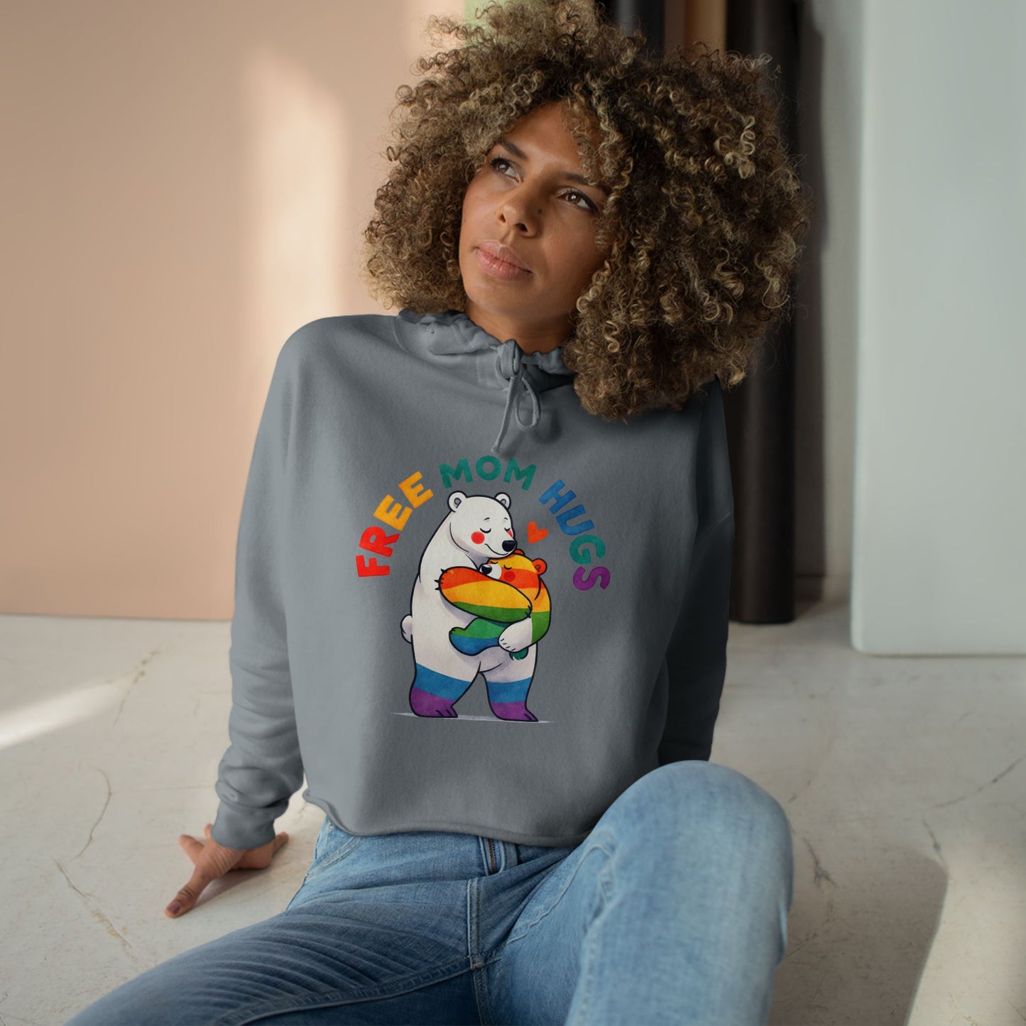 Colorful Bear 'Free Mom Hugs' Crop Hoodie | Fun, Cozy Gift for Moms, Pride, Celebrations, Casual Wear, Trendy Style