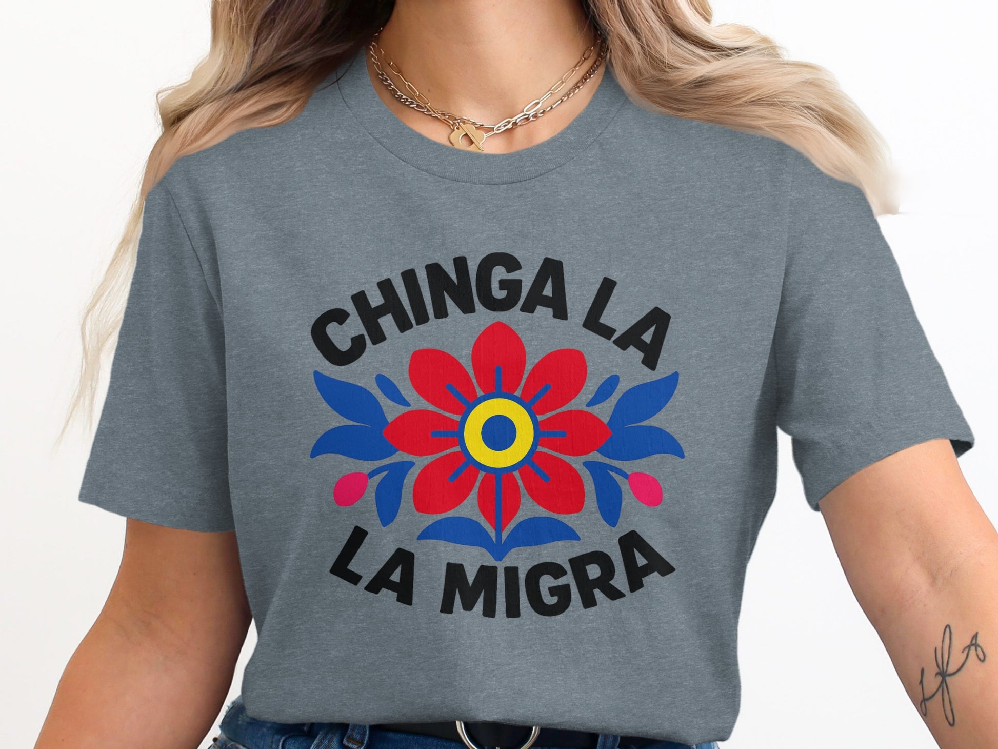 Chinga La La Migra Floral Graphic Grey Shirt product