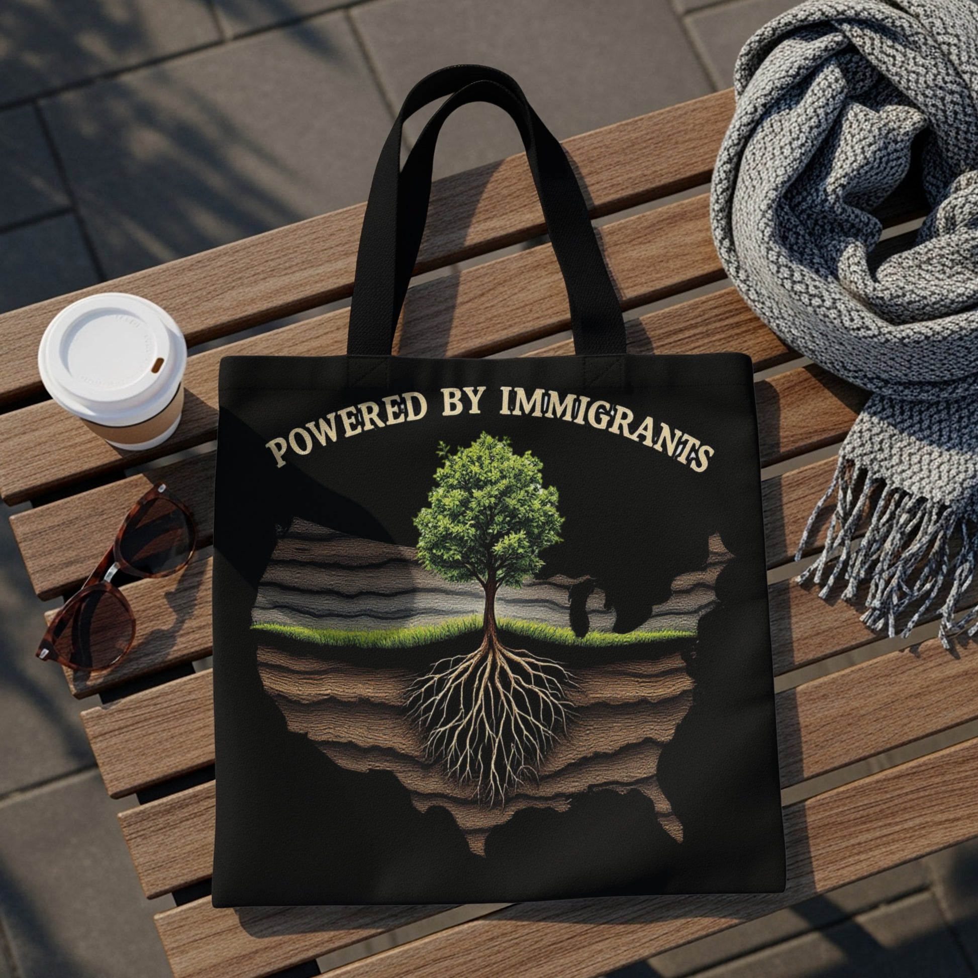 Black tote bag with tree and roots on map outline, "POWERED BY IMMIGRANTS" text.