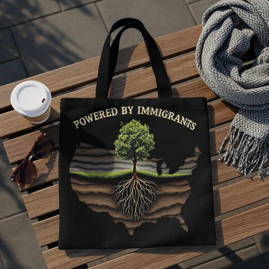 Black tote bag with tree and roots on map outline, "POWERED BY IMMIGRANTS" text.